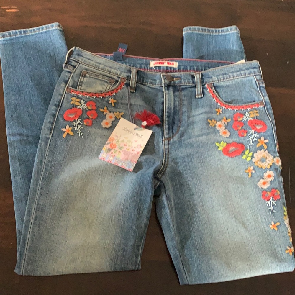 Johnny Was Skinny Floral Embroidered Jeans